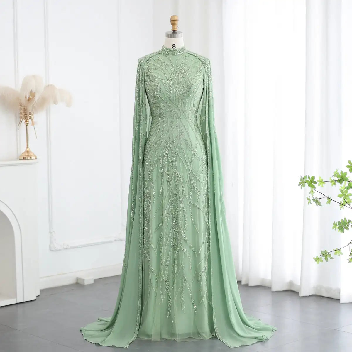 Luxury Beaded Sage Green Dress With Cape Long Sleeves Arabic Dubai