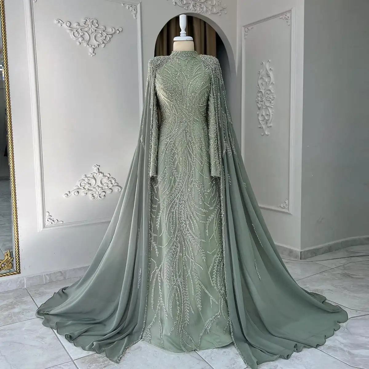 Luxury Beaded Sage Green Dress With Cape Long Sleeves Arabic Dubai