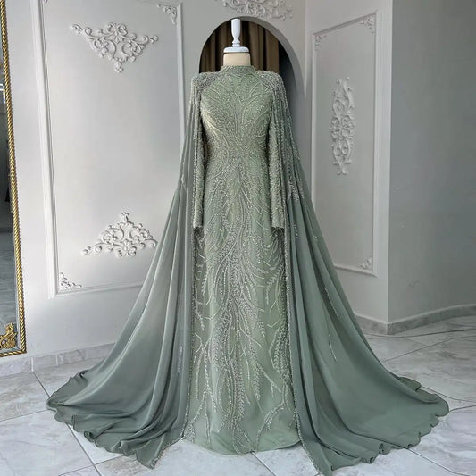 Luxury Beaded Sage Green Dress With Cape Long Sleeves Arabic Dubai