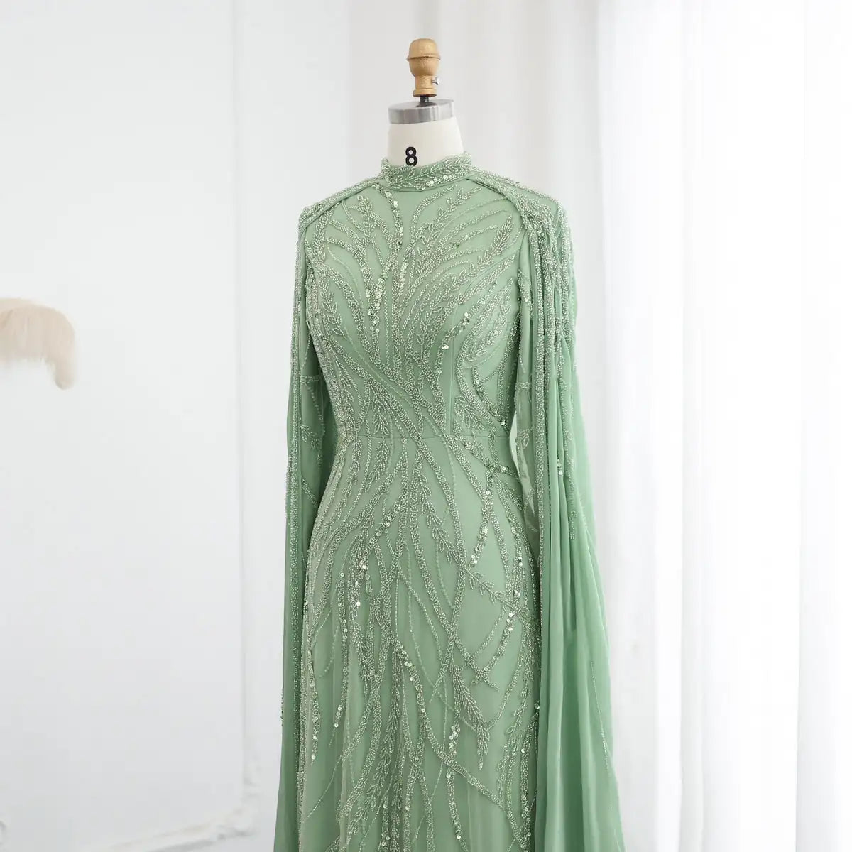 Luxury Beaded Sage Green Dress With Cape Long Sleeves Arabic Dubai