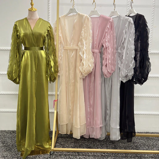 Elegant Dress Solid Color Unique Sleeve Islamic Front Open Abaya Dress