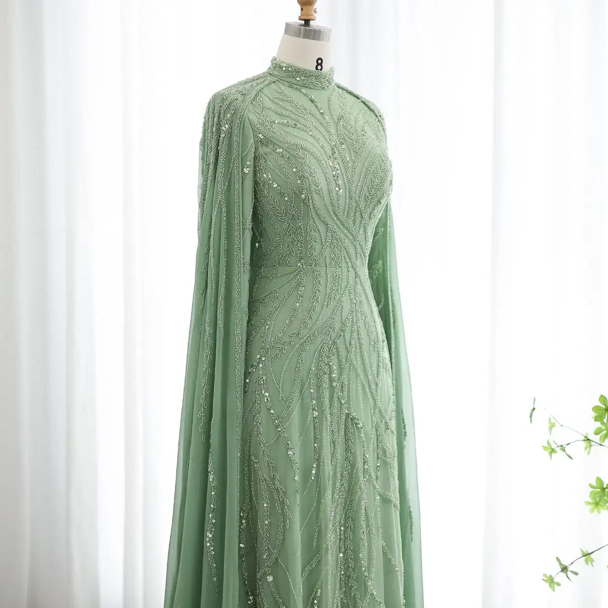 Luxury Beaded Sage Green Dress With Cape Long Sleeves Arabic Dubai